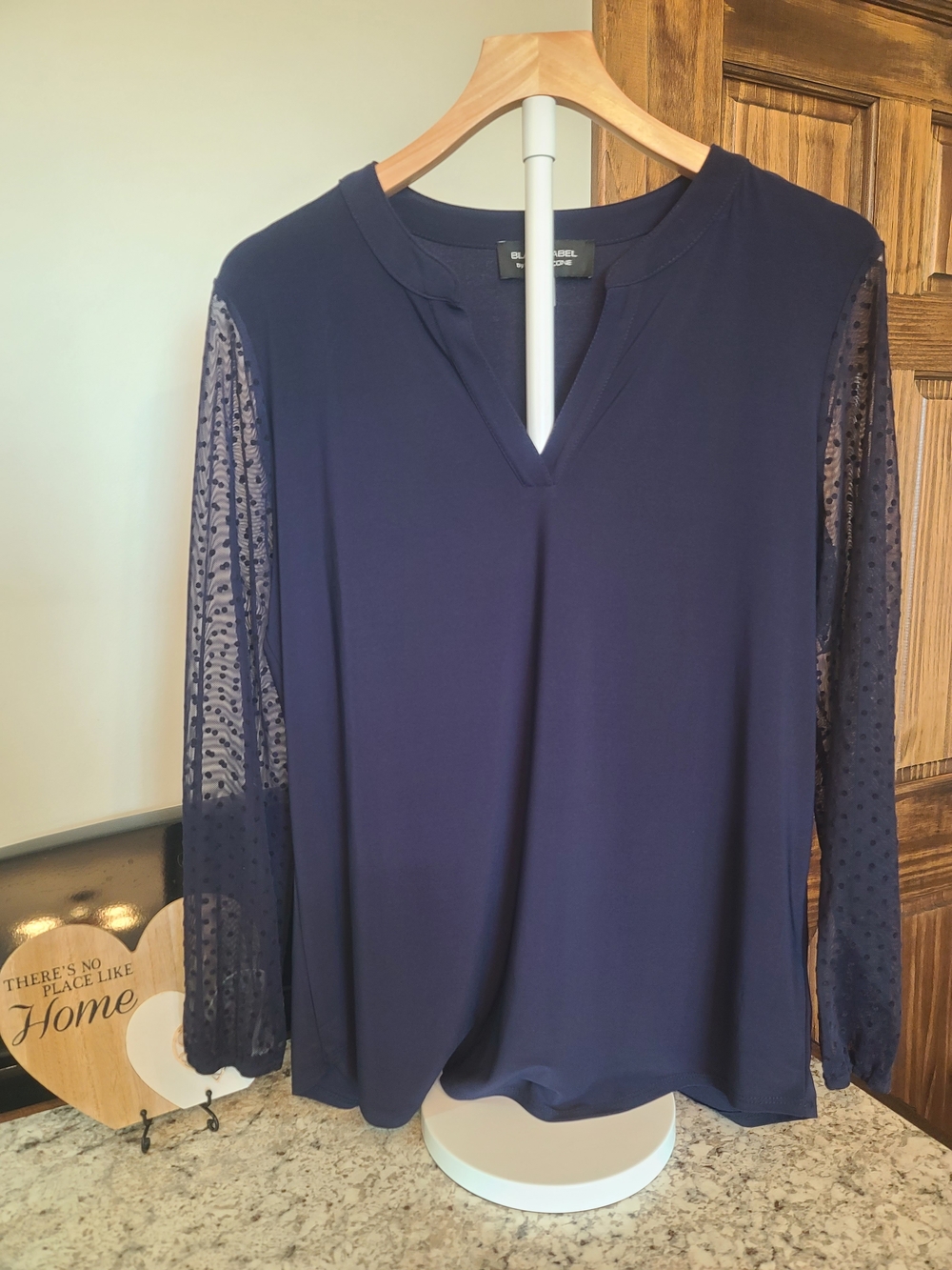 Lauren Ralph Lauren Navy V-Neck Blouse with Sheer Dot Sleeves